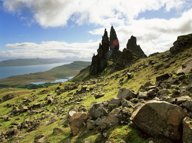 Old Man of Storr, Overlooking Loch Leathan and Raasay Sound, Trotternish, Isle of Skye, Scotland